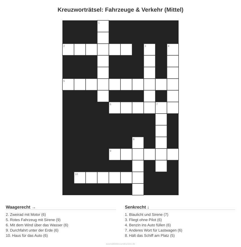 Kreuzworträtsel Kreuzworträtsel: Fahrzeuge & Verkehr (Mittel) aus der Kategorie Fahrzeuge - kostenlos ausdrucken