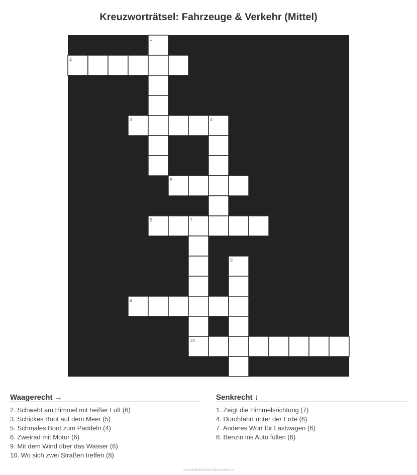 Kreuzworträtsel Kreuzworträtsel: Fahrzeuge & Verkehr (Mittel) aus der Kategorie Fahrzeuge - kostenlos ausdrucken
