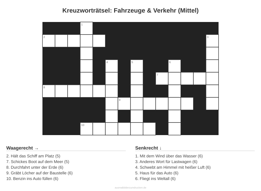Kreuzworträtsel Kreuzworträtsel: Fahrzeuge & Verkehr (Mittel) aus der Kategorie Fahrzeuge - kostenlos ausdrucken