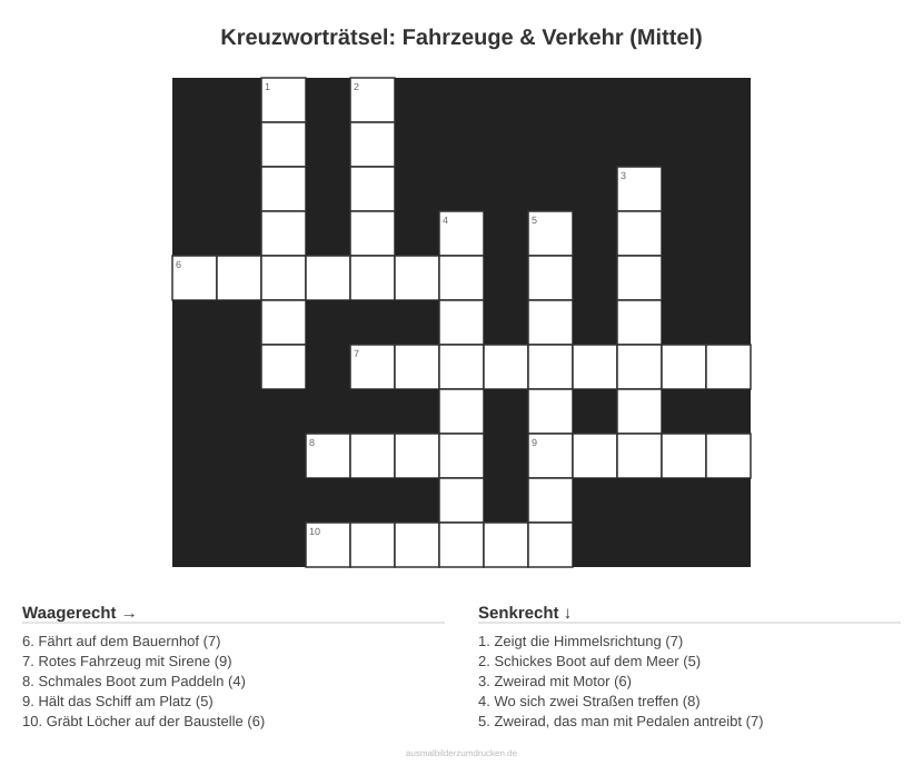 Kreuzworträtsel Kreuzworträtsel: Fahrzeuge & Verkehr (Mittel) aus der Kategorie Fahrzeuge - kostenlos ausdrucken