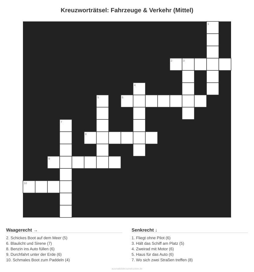 Kreuzworträtsel Kreuzworträtsel: Fahrzeuge & Verkehr (Mittel) aus der Kategorie Fahrzeuge - kostenlos ausdrucken
