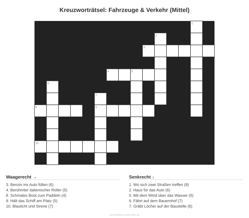 Kreuzworträtsel Kreuzworträtsel: Fahrzeuge & Verkehr (Mittel) aus der Kategorie Fahrzeuge - kostenlos ausdrucken