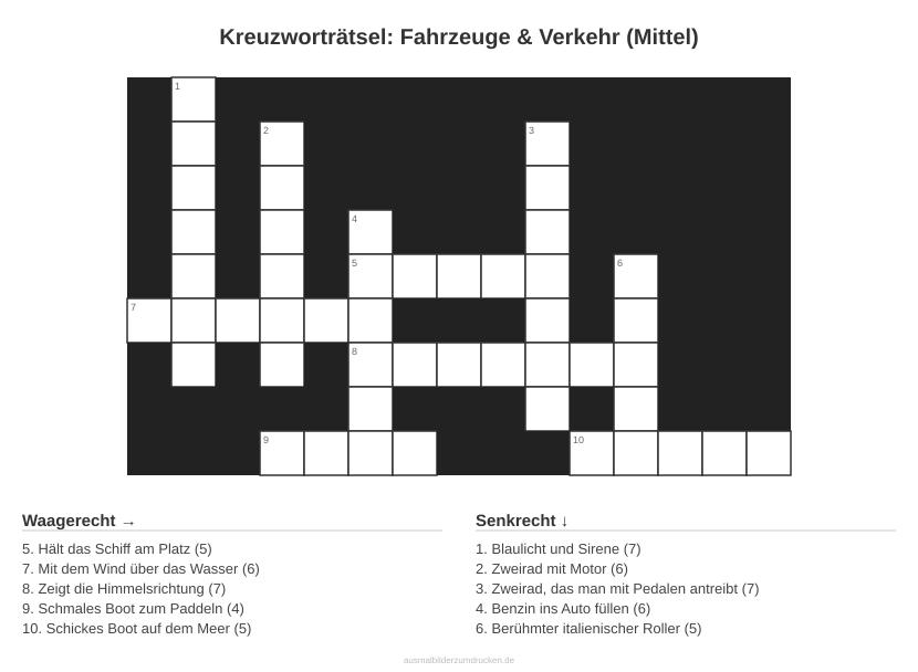 Kreuzworträtsel Kreuzworträtsel: Fahrzeuge & Verkehr (Mittel) aus der Kategorie Fahrzeuge - kostenlos ausdrucken