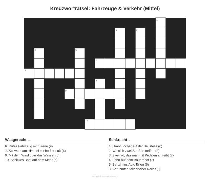 Kreuzworträtsel Kreuzworträtsel: Fahrzeuge & Verkehr (Mittel) aus der Kategorie Fahrzeuge - kostenlos ausdrucken