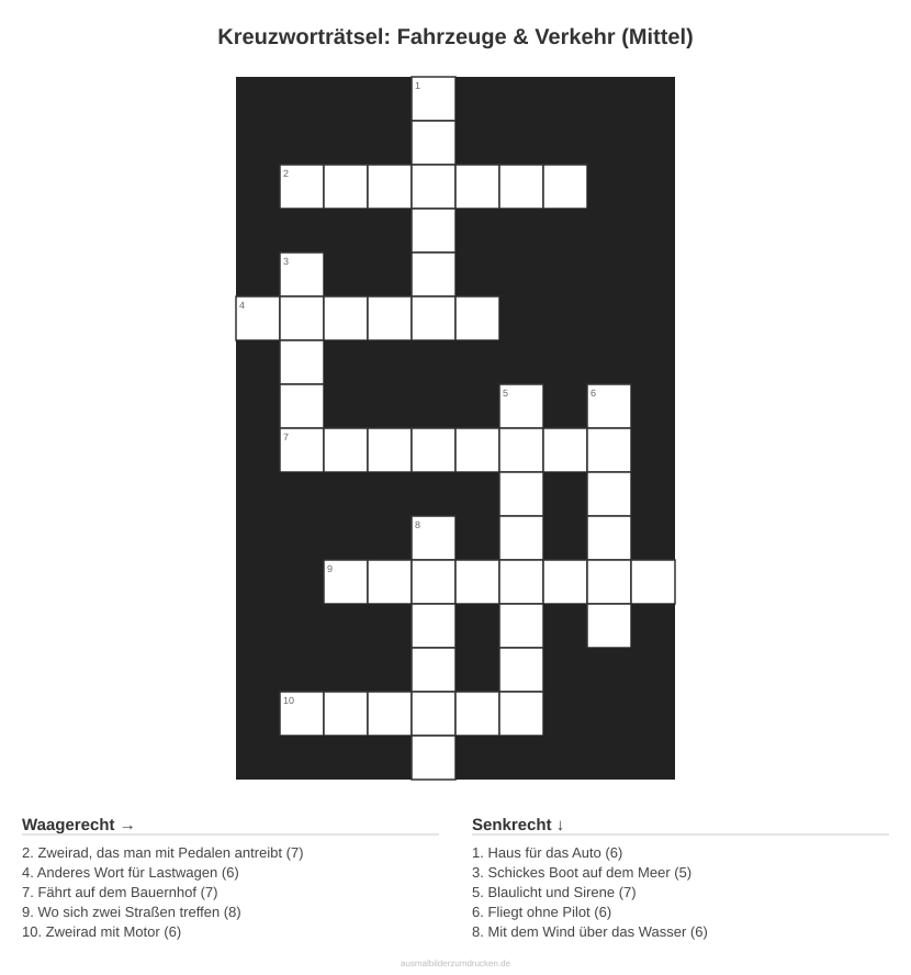 Kreuzworträtsel Kreuzworträtsel: Fahrzeuge & Verkehr (Mittel) aus der Kategorie Fahrzeuge - kostenlos ausdrucken