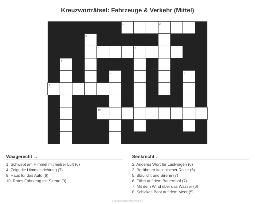 Kreuzworträtsel Kreuzworträtsel: Fahrzeuge & Verkehr (Mittel) aus der Kategorie Fahrzeuge - kostenlos ausdrucken