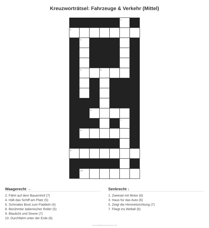 Kreuzworträtsel Kreuzworträtsel: Fahrzeuge & Verkehr (Mittel) aus der Kategorie Fahrzeuge - kostenlos ausdrucken
