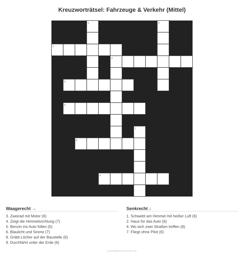 Kreuzworträtsel Kreuzworträtsel: Fahrzeuge & Verkehr (Mittel) aus der Kategorie Fahrzeuge - kostenlos ausdrucken