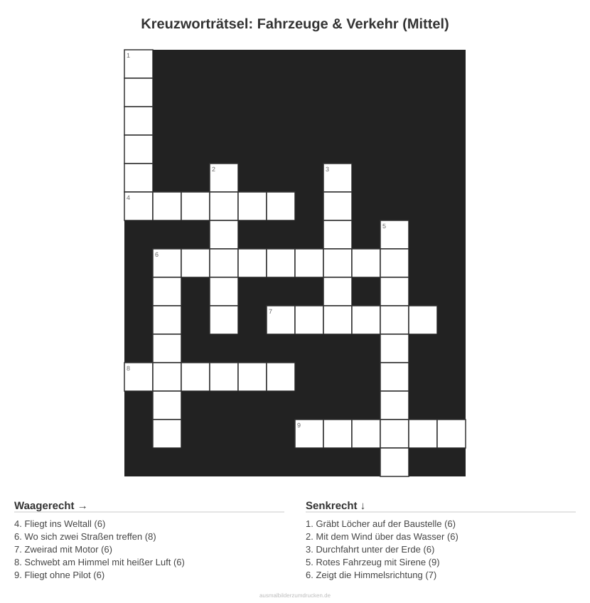 Kreuzworträtsel Kreuzworträtsel: Fahrzeuge & Verkehr (Mittel) aus der Kategorie Fahrzeuge - kostenlos ausdrucken