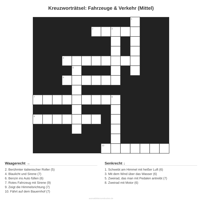Kreuzworträtsel Kreuzworträtsel: Fahrzeuge & Verkehr (Mittel) aus der Kategorie Fahrzeuge - kostenlos ausdrucken