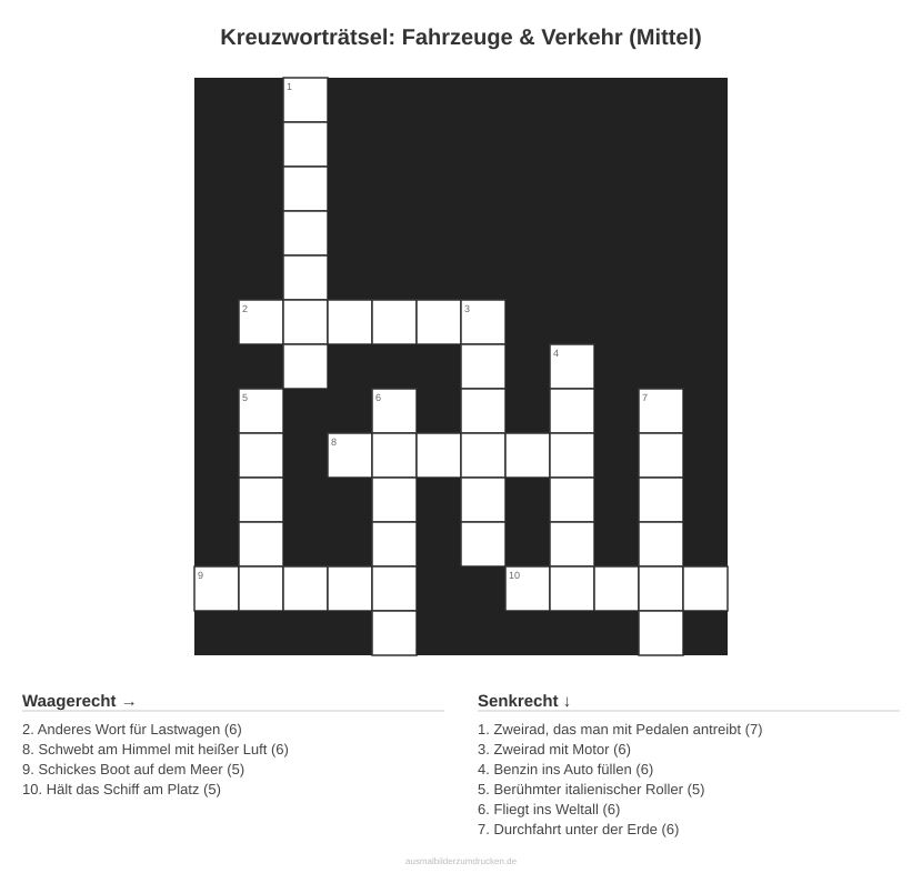 Kreuzworträtsel Kreuzworträtsel: Fahrzeuge & Verkehr (Mittel) aus der Kategorie Fahrzeuge - kostenlos ausdrucken