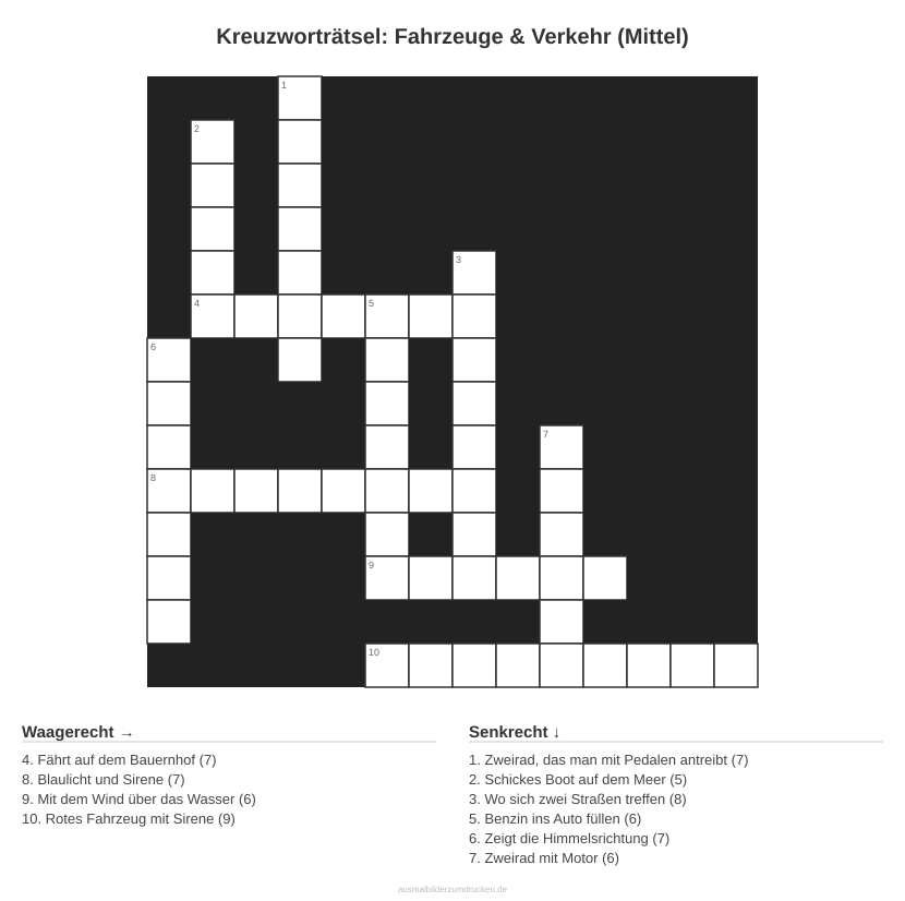 Kreuzworträtsel Kreuzworträtsel: Fahrzeuge & Verkehr (Mittel) aus der Kategorie Fahrzeuge - kostenlos ausdrucken