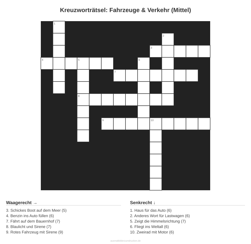 Kreuzworträtsel Kreuzworträtsel: Fahrzeuge & Verkehr (Mittel) aus der Kategorie Fahrzeuge - kostenlos ausdrucken
