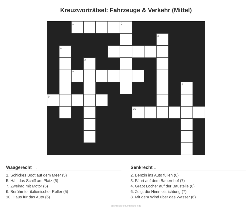 Kreuzworträtsel Kreuzworträtsel: Fahrzeuge & Verkehr (Mittel) aus der Kategorie Fahrzeuge - kostenlos ausdrucken