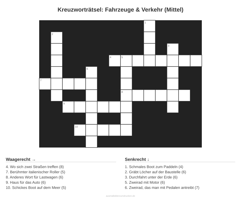 Kreuzworträtsel Kreuzworträtsel: Fahrzeuge & Verkehr (Mittel) aus der Kategorie Fahrzeuge - kostenlos ausdrucken