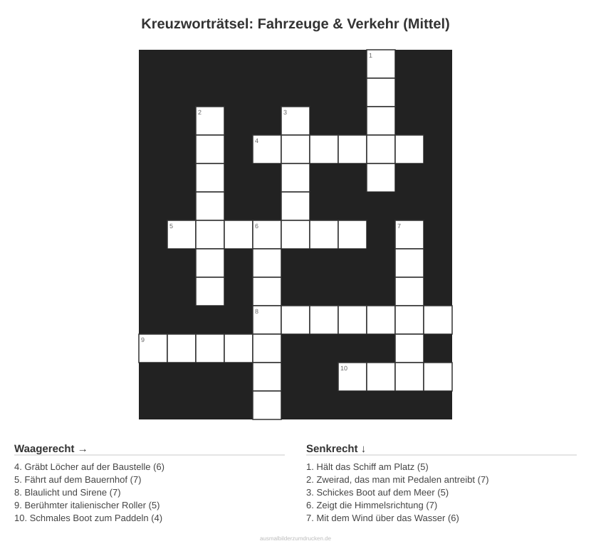 Kreuzworträtsel Kreuzworträtsel: Fahrzeuge & Verkehr (Mittel) aus der Kategorie Fahrzeuge - kostenlos ausdrucken