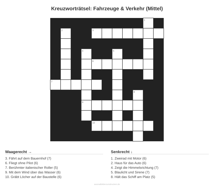 Kreuzworträtsel Kreuzworträtsel: Fahrzeuge & Verkehr (Mittel) aus der Kategorie Fahrzeuge - kostenlos ausdrucken