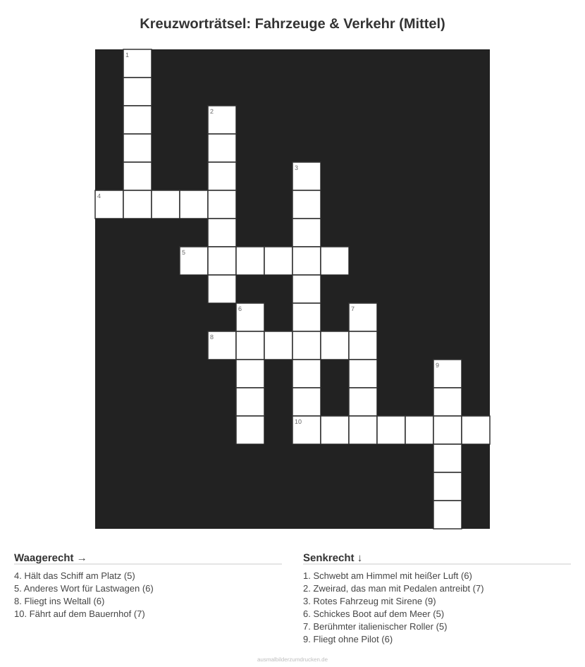 Kreuzworträtsel Kreuzworträtsel: Fahrzeuge & Verkehr (Mittel) aus der Kategorie Fahrzeuge - kostenlos ausdrucken