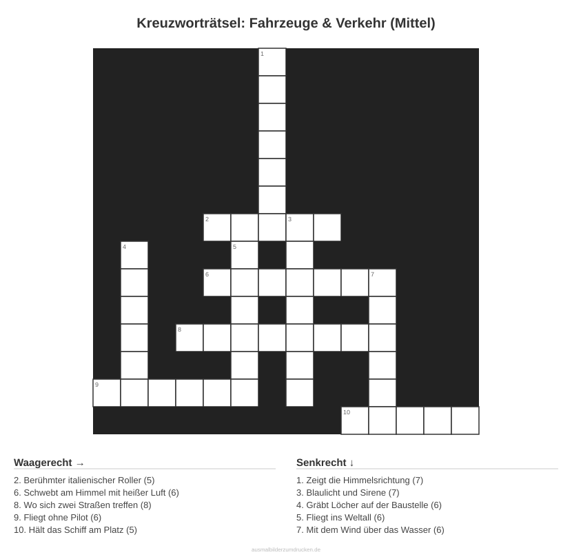 Kreuzworträtsel Kreuzworträtsel: Fahrzeuge & Verkehr (Mittel) aus der Kategorie Fahrzeuge - kostenlos ausdrucken
