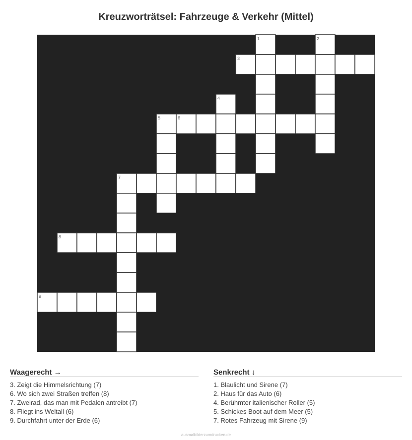 Kreuzworträtsel Kreuzworträtsel: Fahrzeuge & Verkehr (Mittel) aus der Kategorie Fahrzeuge - kostenlos ausdrucken
