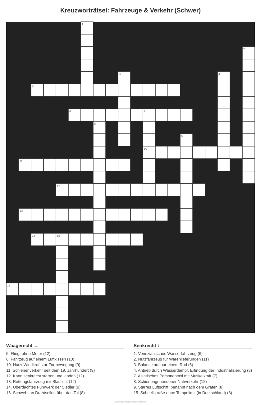 Kreuzworträtsel Kreuzworträtsel: Fahrzeuge & Verkehr (Schwer) aus der Kategorie Fahrzeuge - kostenlos ausdrucken