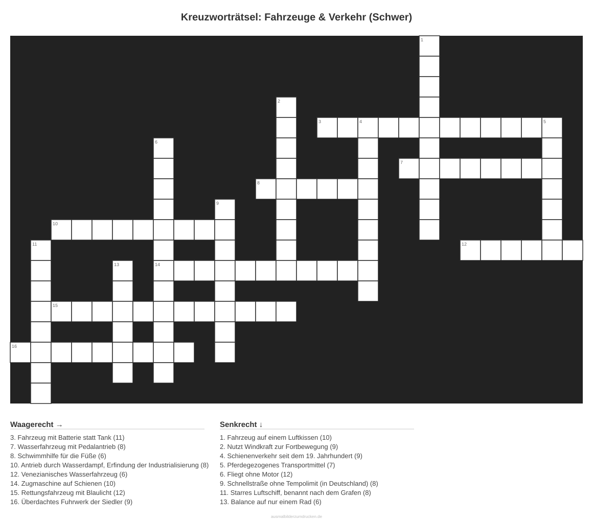 Kreuzworträtsel Kreuzworträtsel: Fahrzeuge & Verkehr (Schwer) aus der Kategorie Fahrzeuge - kostenlos ausdrucken