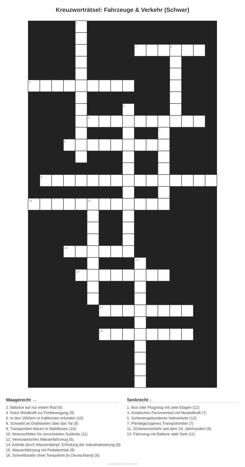 Kreuzworträtsel Kreuzworträtsel: Fahrzeuge & Verkehr (Schwer) aus der Kategorie Fahrzeuge - kostenlos ausdrucken