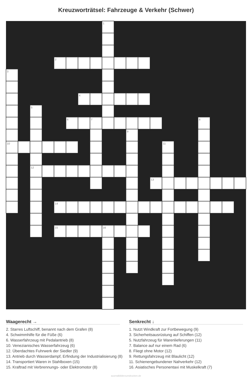 Kreuzworträtsel Kreuzworträtsel: Fahrzeuge & Verkehr (Schwer) aus der Kategorie Fahrzeuge - kostenlos ausdrucken