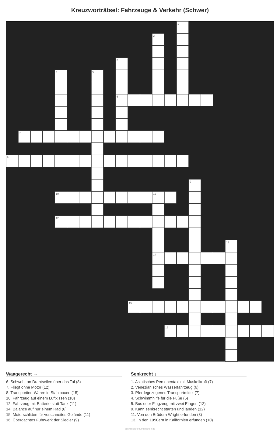 Kreuzworträtsel Kreuzworträtsel: Fahrzeuge & Verkehr (Schwer) aus der Kategorie Fahrzeuge - kostenlos ausdrucken