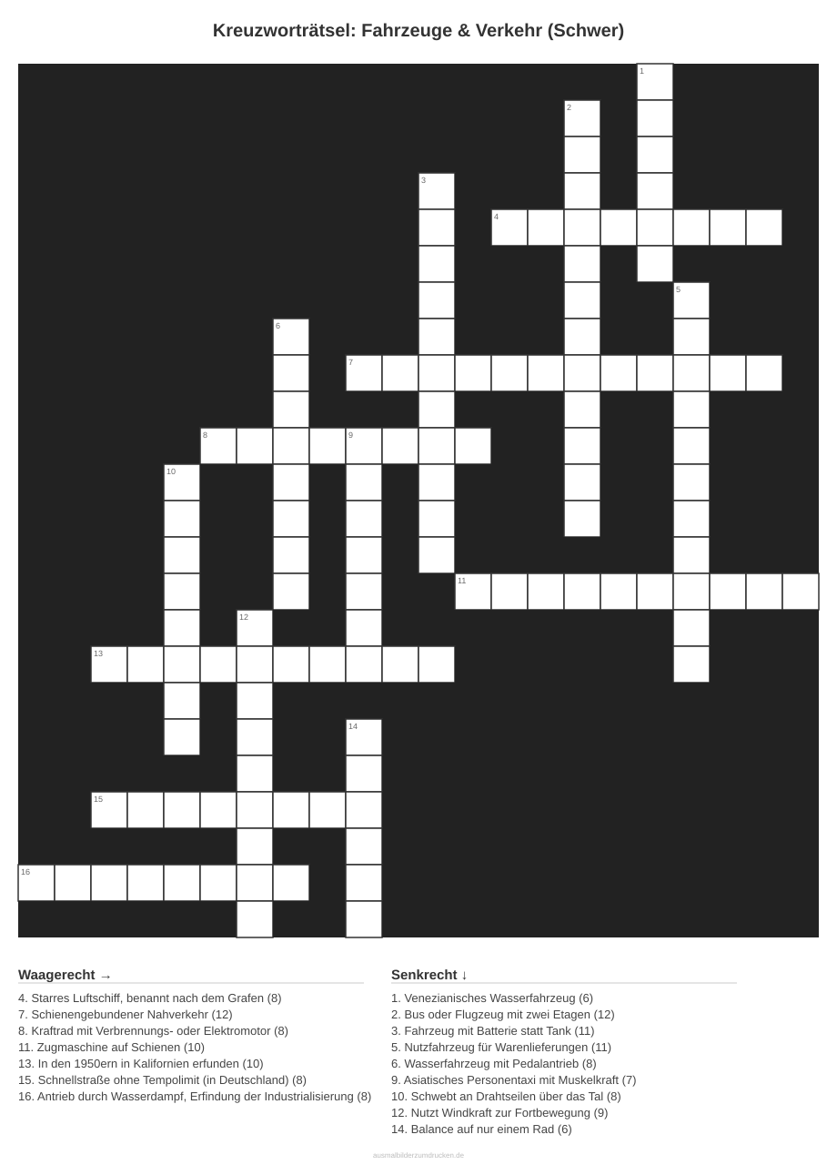 Kreuzworträtsel Kreuzworträtsel: Fahrzeuge & Verkehr (Schwer) aus der Kategorie Fahrzeuge - kostenlos ausdrucken