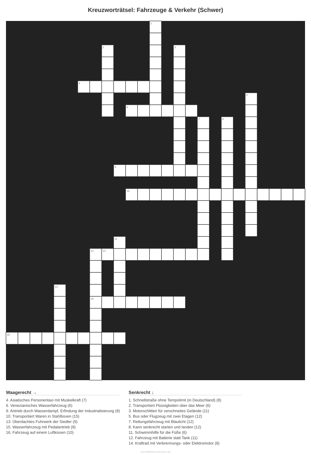 Kreuzworträtsel Kreuzworträtsel: Fahrzeuge & Verkehr (Schwer) aus der Kategorie Fahrzeuge - kostenlos ausdrucken