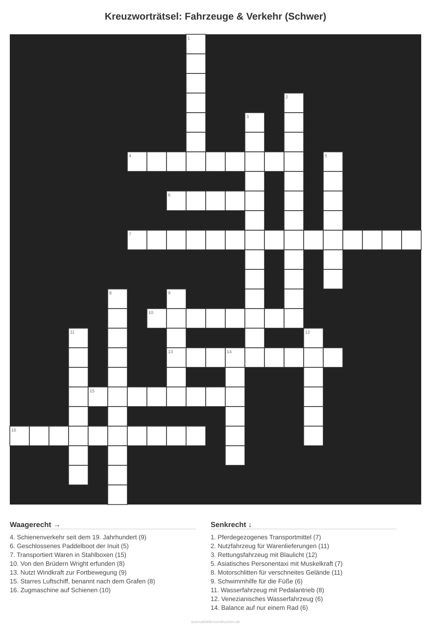 Kreuzworträtsel Kreuzworträtsel: Fahrzeuge & Verkehr (Schwer) aus der Kategorie Fahrzeuge - kostenlos ausdrucken