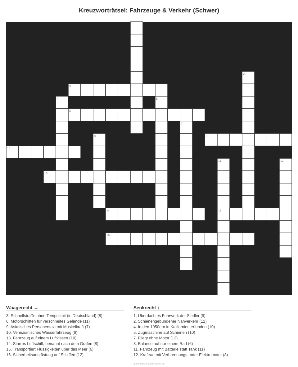 Kreuzworträtsel Kreuzworträtsel: Fahrzeuge & Verkehr (Schwer) aus der Kategorie Fahrzeuge - kostenlos ausdrucken
