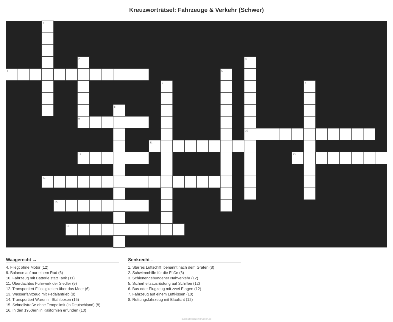 Kreuzworträtsel Kreuzworträtsel: Fahrzeuge & Verkehr (Schwer) aus der Kategorie Fahrzeuge - kostenlos ausdrucken