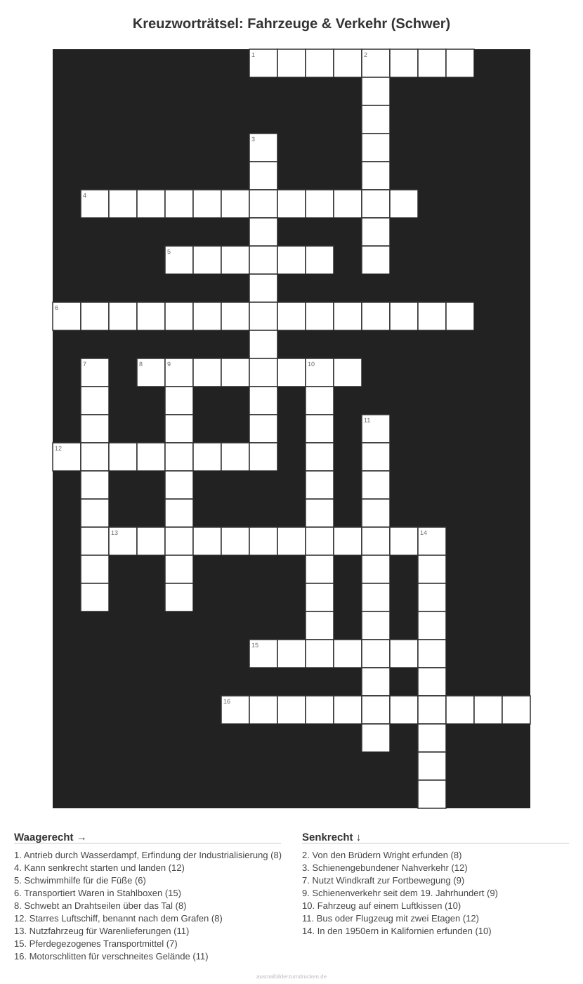 Kreuzworträtsel Kreuzworträtsel: Fahrzeuge & Verkehr (Schwer) aus der Kategorie Fahrzeuge - kostenlos ausdrucken