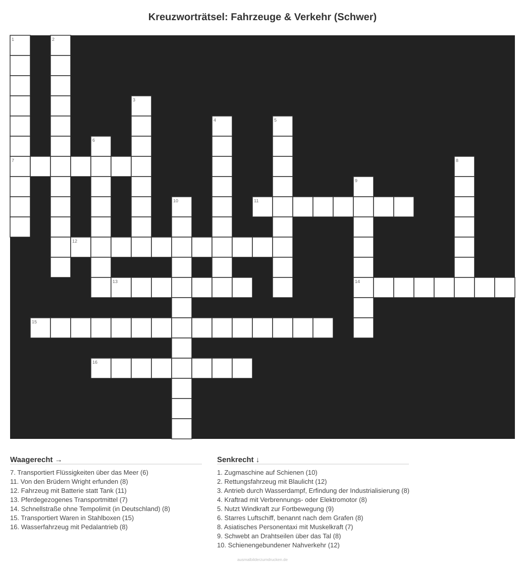 Kreuzworträtsel Kreuzworträtsel: Fahrzeuge & Verkehr (Schwer) aus der Kategorie Fahrzeuge - kostenlos ausdrucken