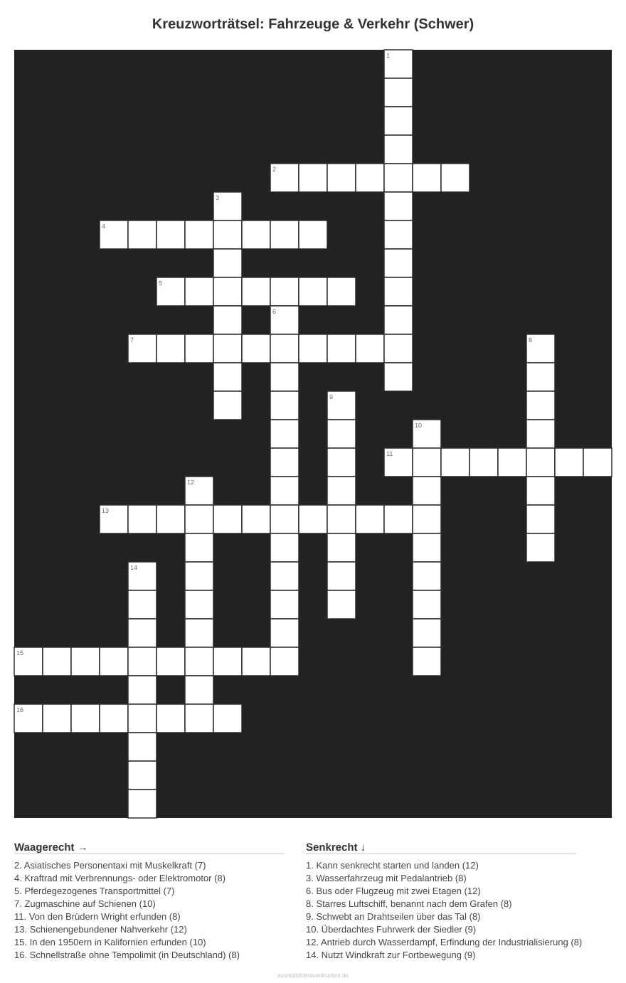 Kreuzworträtsel Kreuzworträtsel: Fahrzeuge & Verkehr (Schwer) aus der Kategorie Fahrzeuge - kostenlos ausdrucken