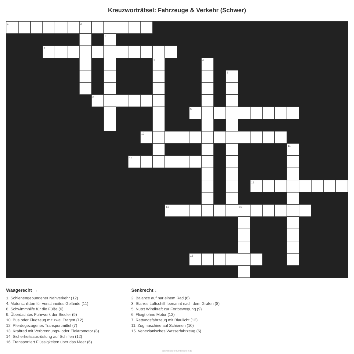 Kreuzworträtsel Kreuzworträtsel: Fahrzeuge & Verkehr (Schwer) aus der Kategorie Fahrzeuge - kostenlos ausdrucken