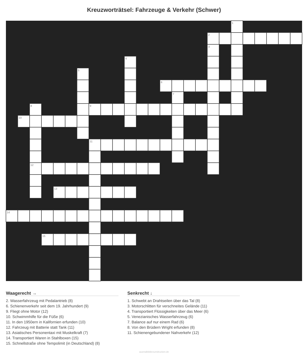Kreuzworträtsel Kreuzworträtsel: Fahrzeuge & Verkehr (Schwer) aus der Kategorie Fahrzeuge - kostenlos ausdrucken