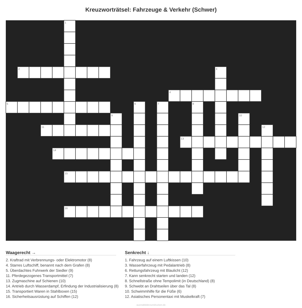 Kreuzworträtsel Kreuzworträtsel: Fahrzeuge & Verkehr (Schwer) aus der Kategorie Fahrzeuge - kostenlos ausdrucken
