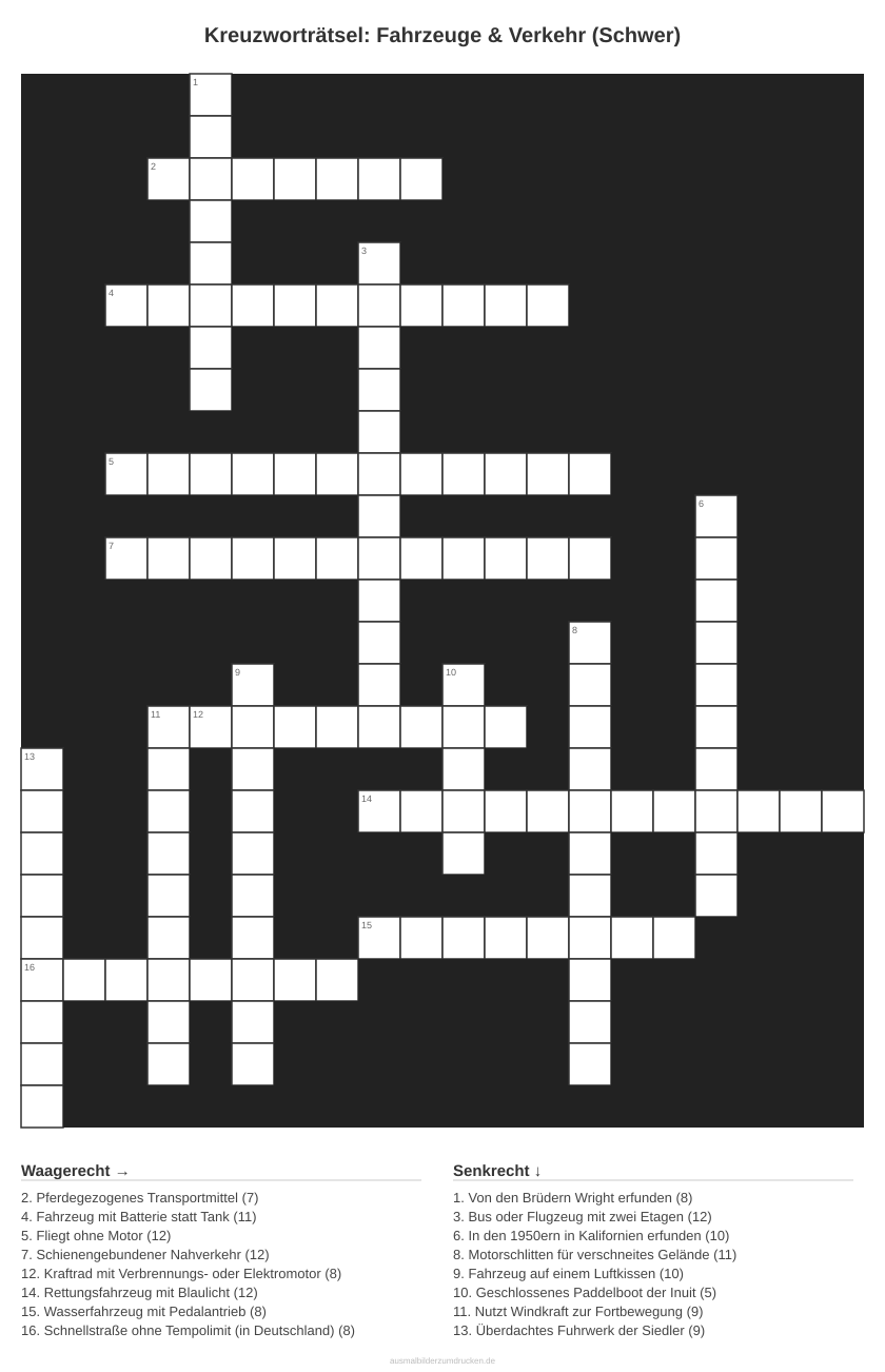 Kreuzworträtsel Kreuzworträtsel: Fahrzeuge & Verkehr (Schwer) aus der Kategorie Fahrzeuge - kostenlos ausdrucken