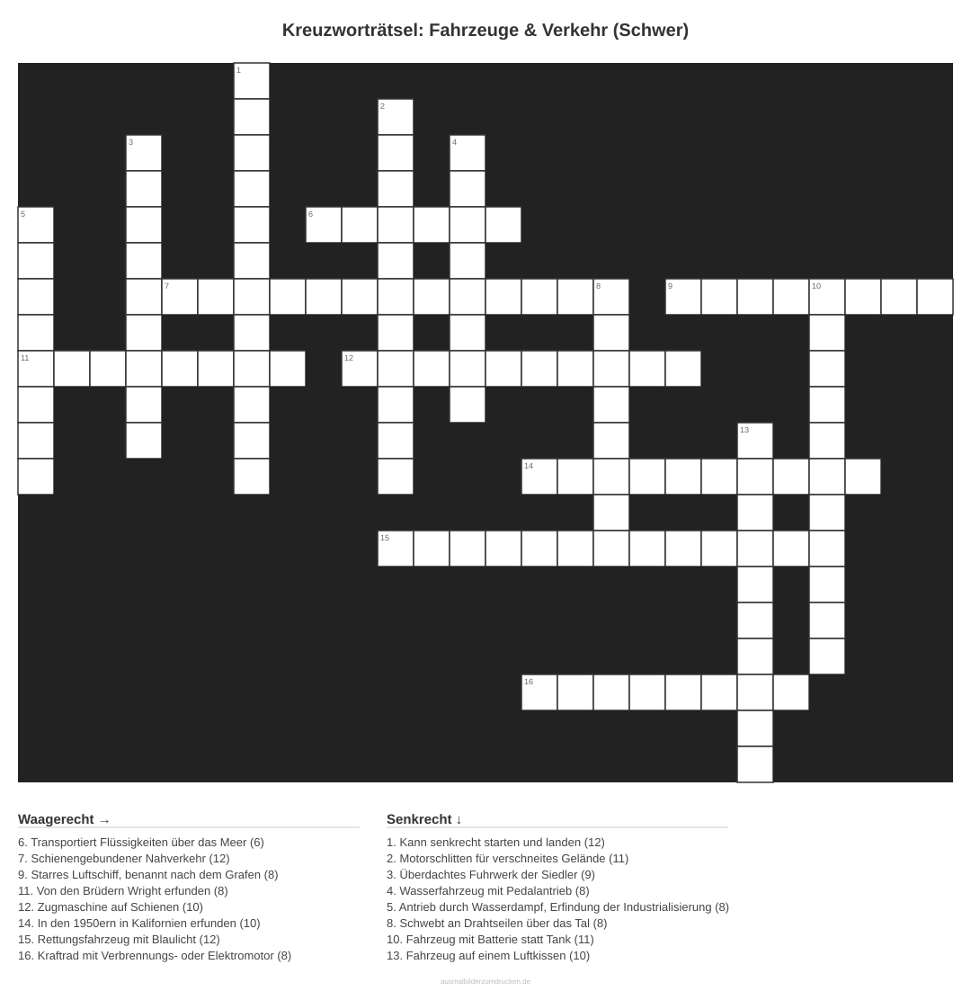 Kreuzworträtsel Kreuzworträtsel: Fahrzeuge & Verkehr (Schwer) aus der Kategorie Fahrzeuge - kostenlos ausdrucken