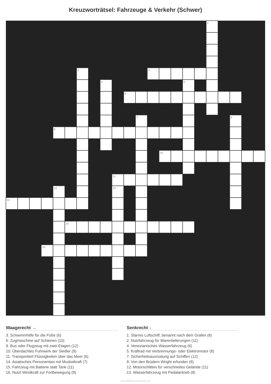 Kreuzworträtsel Kreuzworträtsel: Fahrzeuge & Verkehr (Schwer) aus der Kategorie Fahrzeuge - kostenlos ausdrucken