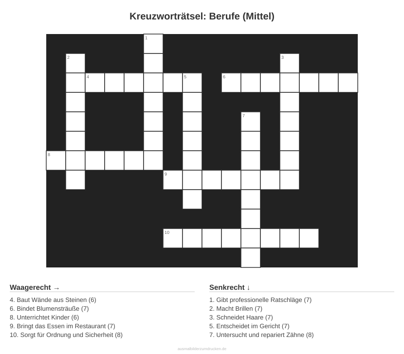Kreuzworträtsel Kreuzworträtsel: Berufe (Mittel) aus der Kategorie Berufe - kostenlos ausdrucken