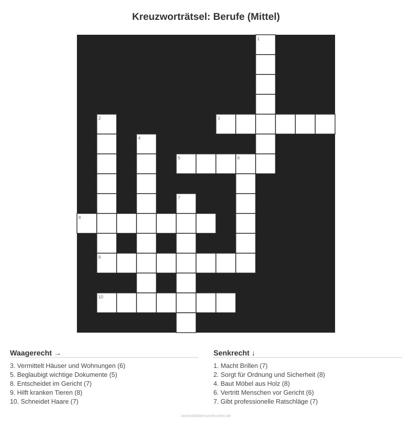 Kreuzworträtsel Kreuzworträtsel: Berufe (Mittel) aus der Kategorie Berufe - kostenlos ausdrucken