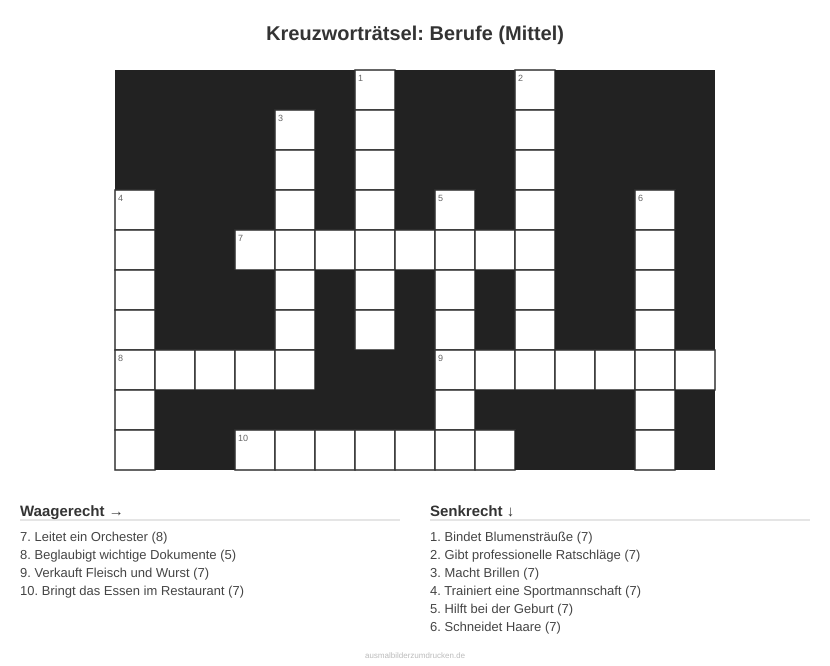 Kreuzworträtsel Kreuzworträtsel: Berufe (Mittel) aus der Kategorie Berufe - kostenlos ausdrucken