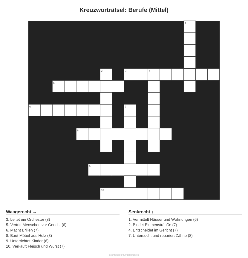 Kreuzworträtsel Kreuzworträtsel: Berufe (Mittel) aus der Kategorie Berufe - kostenlos ausdrucken