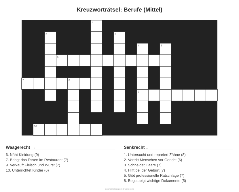 Kreuzworträtsel Kreuzworträtsel: Berufe (Mittel) aus der Kategorie Berufe - kostenlos ausdrucken