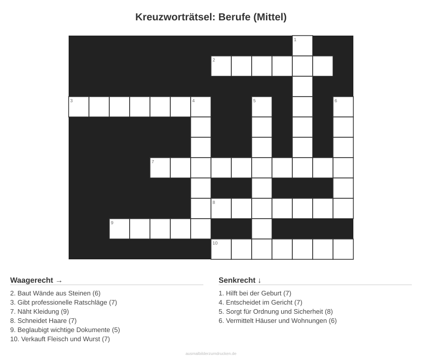 Kreuzworträtsel Kreuzworträtsel: Berufe (Mittel) aus der Kategorie Berufe - kostenlos ausdrucken