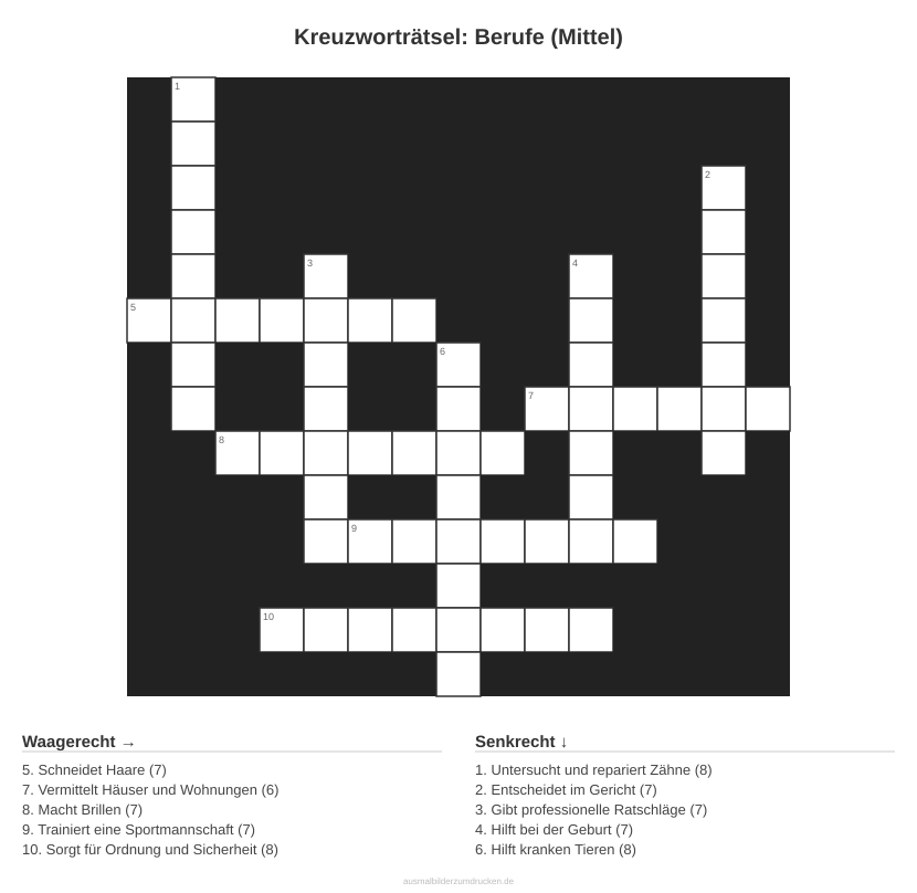 Kreuzworträtsel Kreuzworträtsel: Berufe (Mittel) aus der Kategorie Berufe - kostenlos ausdrucken